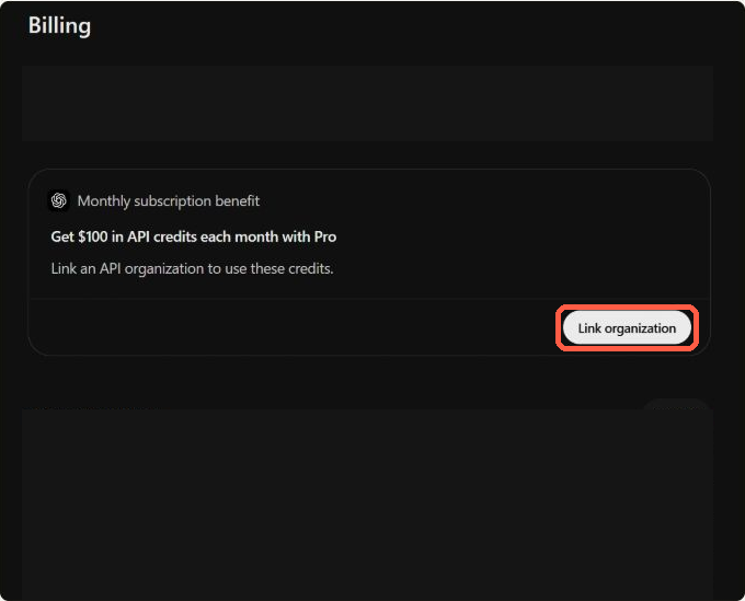 英語版の請求画面。API特典のLink organizationボタンを赤枠で強調